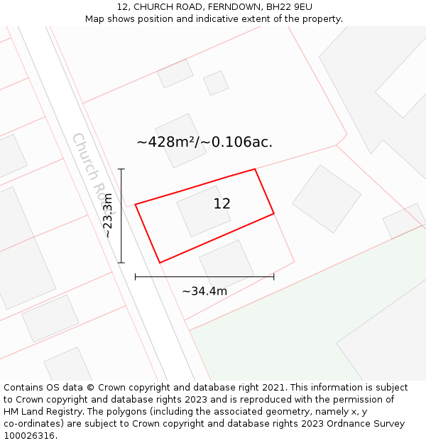 12, CHURCH ROAD, FERNDOWN, BH22 9EU: Plot and title map