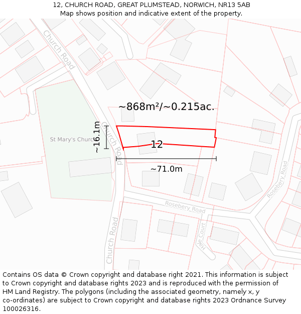 12, CHURCH ROAD, GREAT PLUMSTEAD, NORWICH, NR13 5AB: Plot and title map