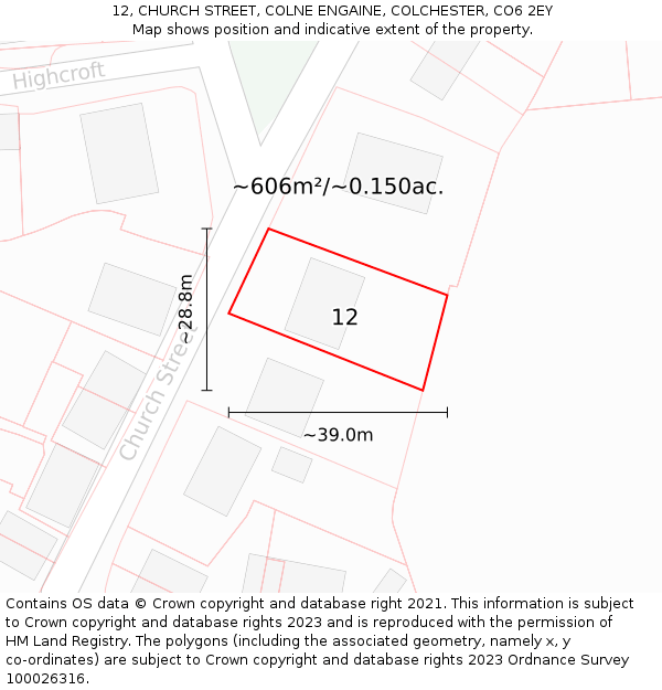 12, CHURCH STREET, COLNE ENGAINE, COLCHESTER, CO6 2EY: Plot and title map