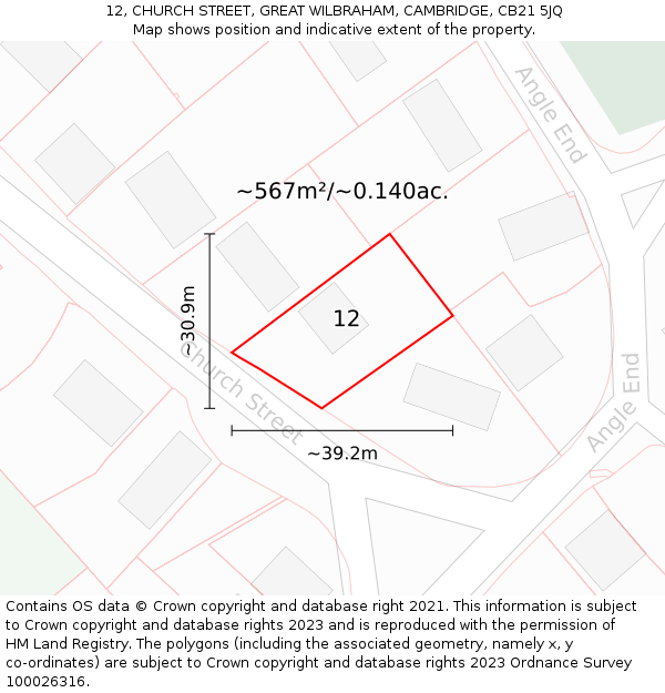 12, CHURCH STREET, GREAT WILBRAHAM, CAMBRIDGE, CB21 5JQ: Plot and title map