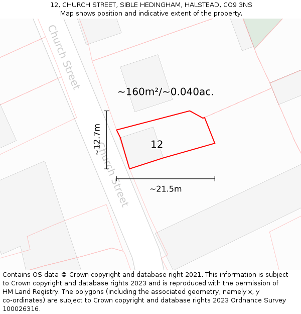 12, CHURCH STREET, SIBLE HEDINGHAM, HALSTEAD, CO9 3NS: Plot and title map