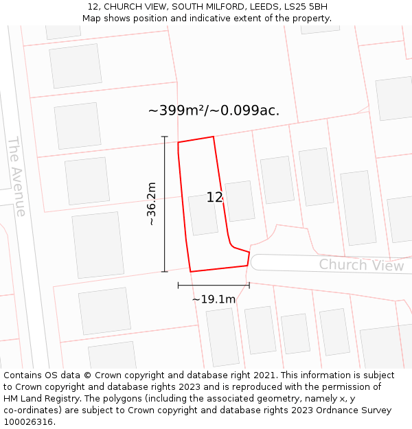 12, CHURCH VIEW, SOUTH MILFORD, LEEDS, LS25 5BH: Plot and title map
