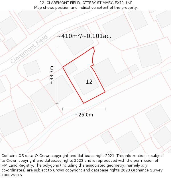12, CLAREMONT FIELD, OTTERY ST MARY, EX11 1NP: Plot and title map