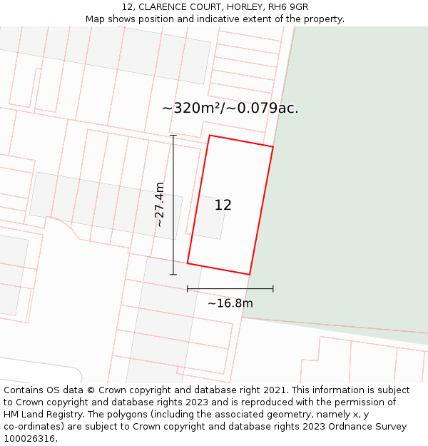 12, CLARENCE COURT, HORLEY, RH6 9GR: Plot and title map