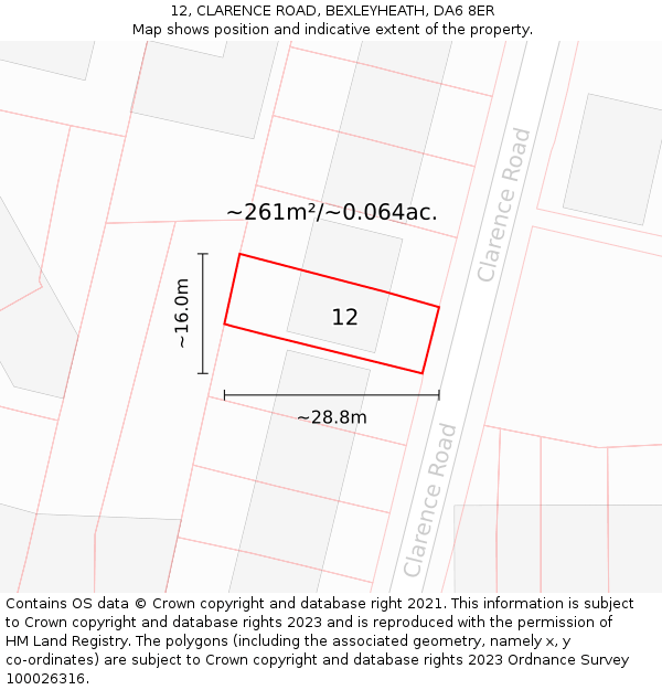 12, CLARENCE ROAD, BEXLEYHEATH, DA6 8ER: Plot and title map