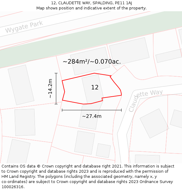 12, CLAUDETTE WAY, SPALDING, PE11 1AJ: Plot and title map