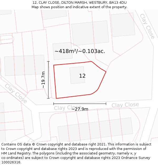 12, CLAY CLOSE, DILTON MARSH, WESTBURY, BA13 4DU: Plot and title map