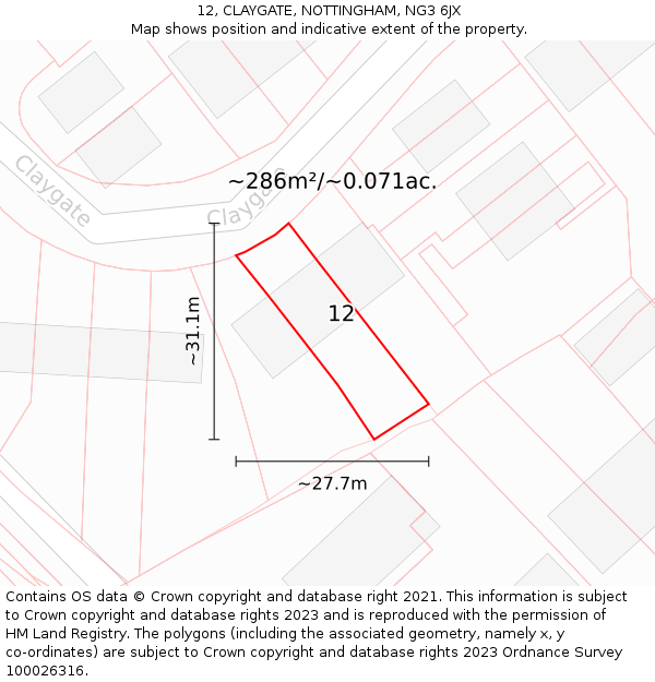 12, CLAYGATE, NOTTINGHAM, NG3 6JX: Plot and title map