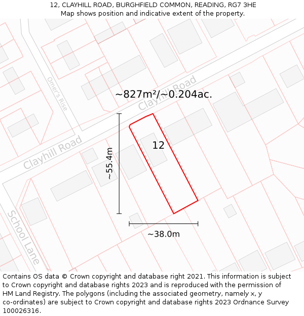 12, CLAYHILL ROAD, BURGHFIELD COMMON, READING, RG7 3HE: Plot and title map