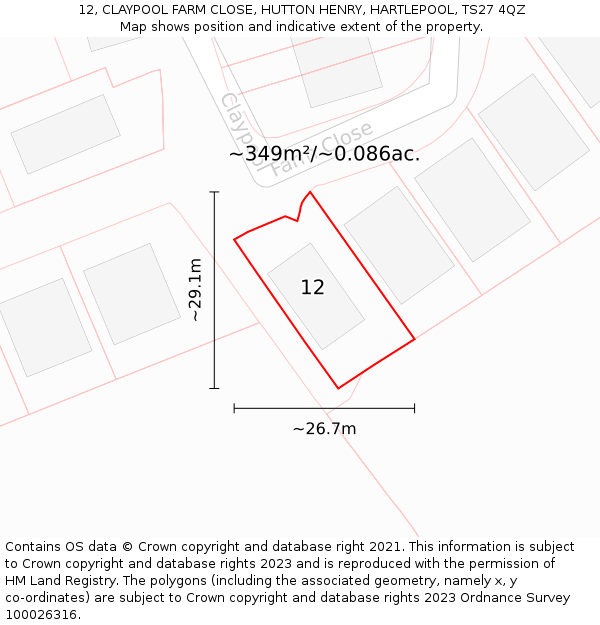 12, CLAYPOOL FARM CLOSE, HUTTON HENRY, HARTLEPOOL, TS27 4QZ: Plot and title map