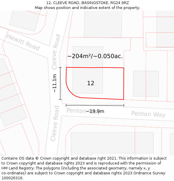 12, CLEEVE ROAD, BASINGSTOKE, RG24 9RZ: Plot and title map