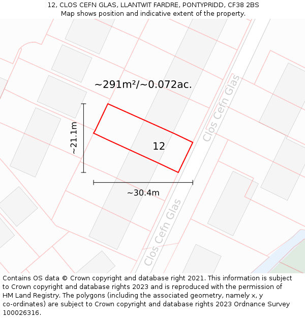 12, CLOS CEFN GLAS, LLANTWIT FARDRE, PONTYPRIDD, CF38 2BS: Plot and title map