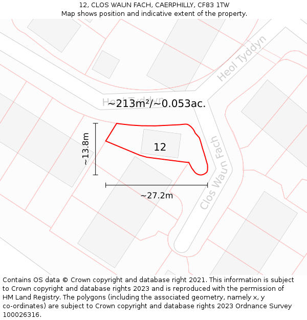 12, CLOS WAUN FACH, CAERPHILLY, CF83 1TW: Plot and title map