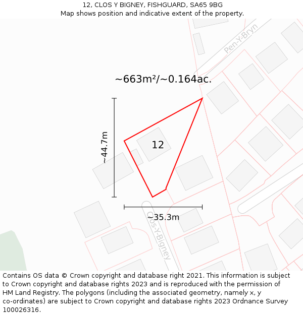 12, CLOS Y BIGNEY, FISHGUARD, SA65 9BG: Plot and title map