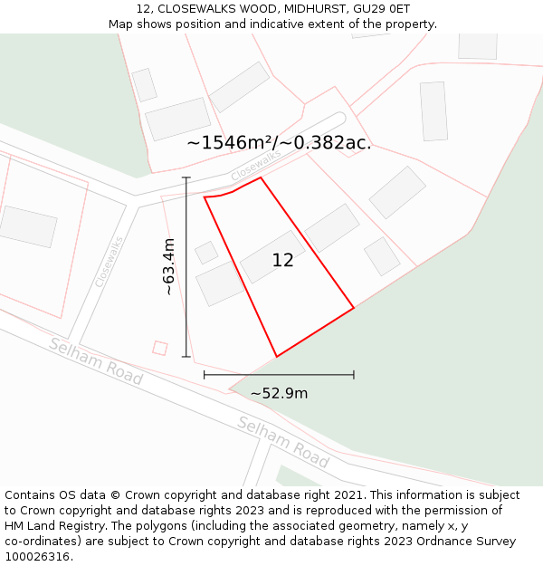 12, CLOSEWALKS WOOD, MIDHURST, GU29 0ET: Plot and title map