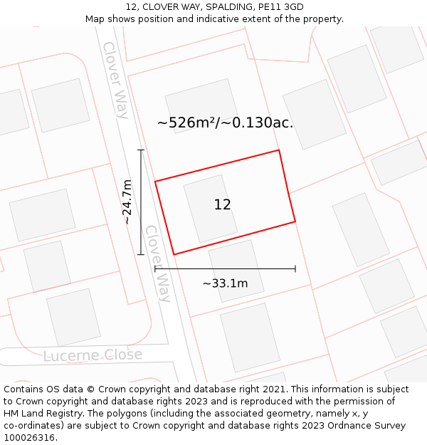 12, CLOVER WAY, SPALDING, PE11 3GD: Plot and title map