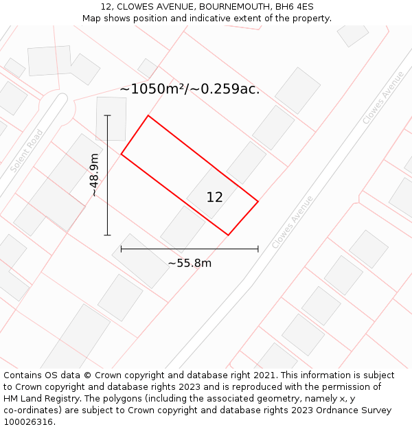 12, CLOWES AVENUE, BOURNEMOUTH, BH6 4ES: Plot and title map