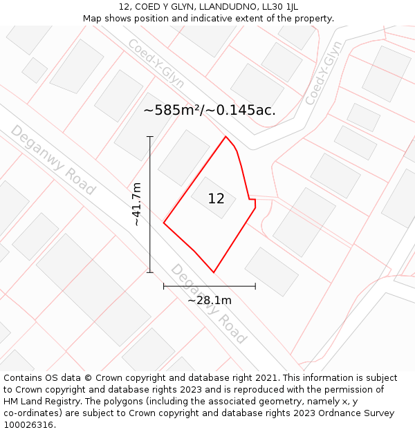 12, COED Y GLYN, LLANDUDNO, LL30 1JL: Plot and title map