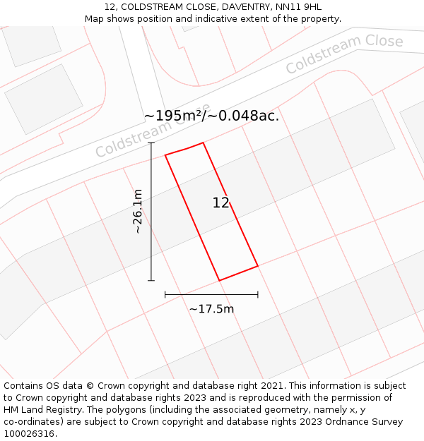 12, COLDSTREAM CLOSE, DAVENTRY, NN11 9HL: Plot and title map