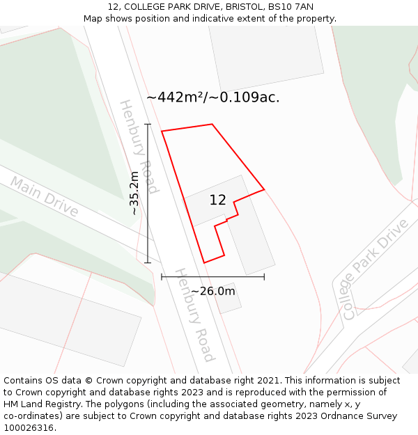 12, COLLEGE PARK DRIVE, BRISTOL, BS10 7AN: Plot and title map