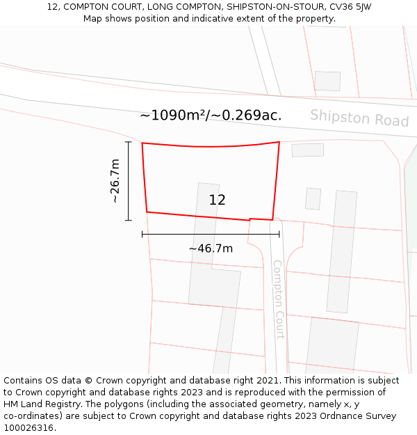 12, COMPTON COURT, LONG COMPTON, SHIPSTON-ON-STOUR, CV36 5JW: Plot and title map