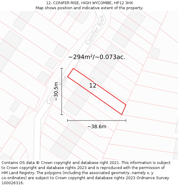 12, CONIFER RISE, HIGH WYCOMBE, HP12 3HX: Plot and title map