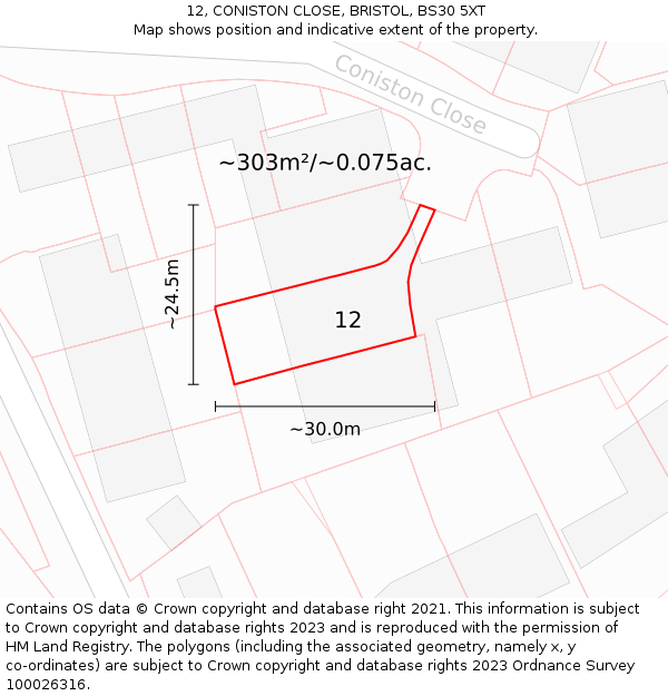 12, CONISTON CLOSE, BRISTOL, BS30 5XT: Plot and title map