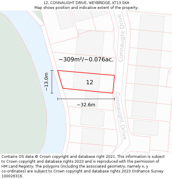 12, CONNAUGHT DRIVE, WEYBRIDGE, KT13 0XA: Plot and title map