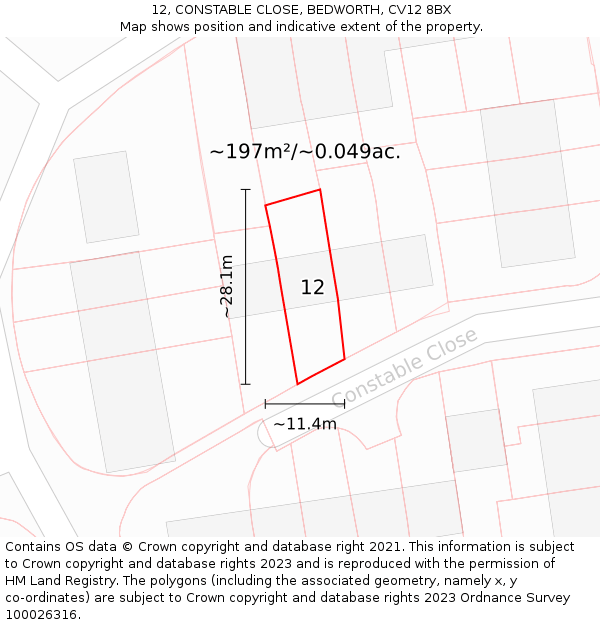 12, CONSTABLE CLOSE, BEDWORTH, CV12 8BX: Plot and title map
