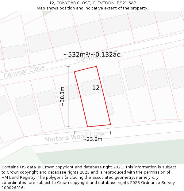 12, CONYGAR CLOSE, CLEVEDON, BS21 6AP: Plot and title map