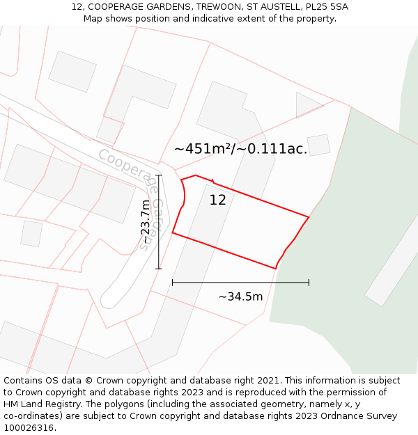 12, COOPERAGE GARDENS, TREWOON, ST AUSTELL, PL25 5SA: Plot and title map