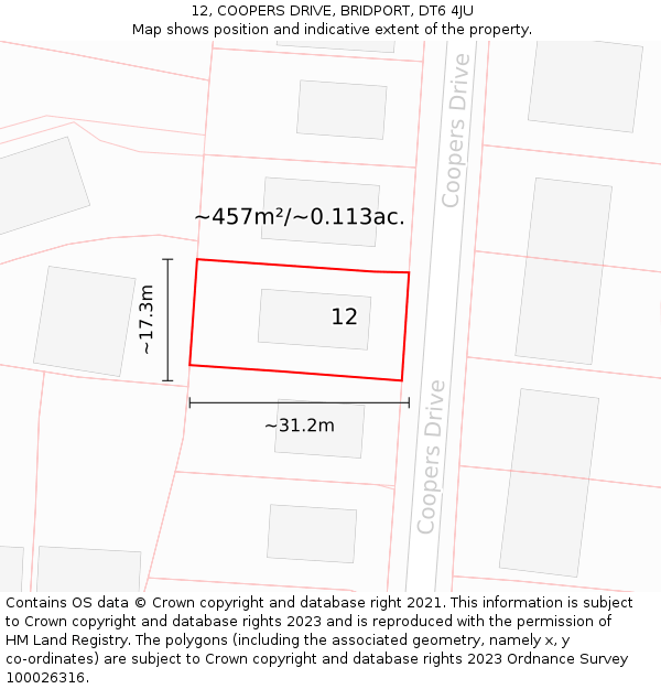 12, COOPERS DRIVE, BRIDPORT, DT6 4JU: Plot and title map