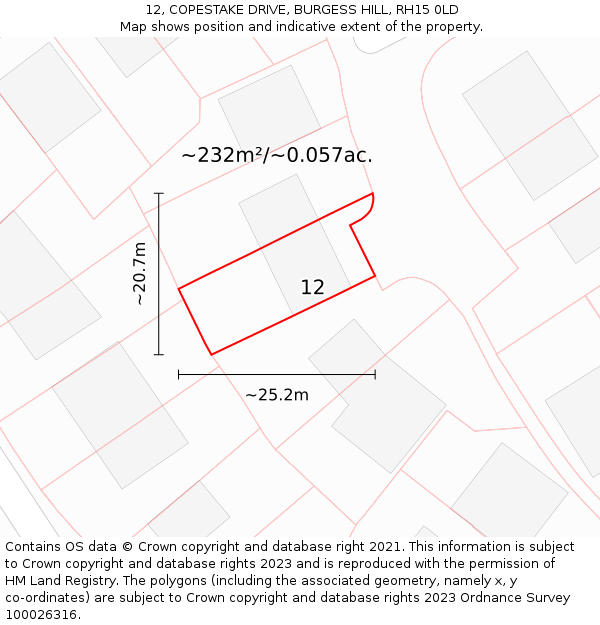 12, COPESTAKE DRIVE, BURGESS HILL, RH15 0LD: Plot and title map