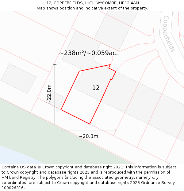 12, COPPERFIELDS, HIGH WYCOMBE, HP12 4AN: Plot and title map