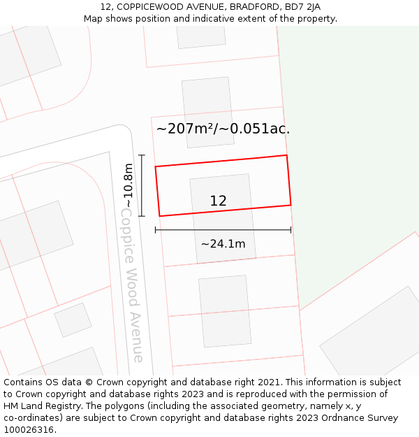 12, COPPICEWOOD AVENUE, BRADFORD, BD7 2JA: Plot and title map