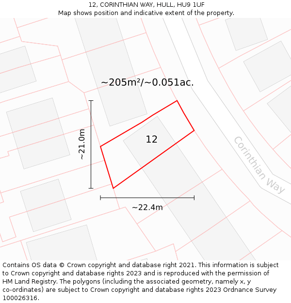 12, CORINTHIAN WAY, HULL, HU9 1UF: Plot and title map