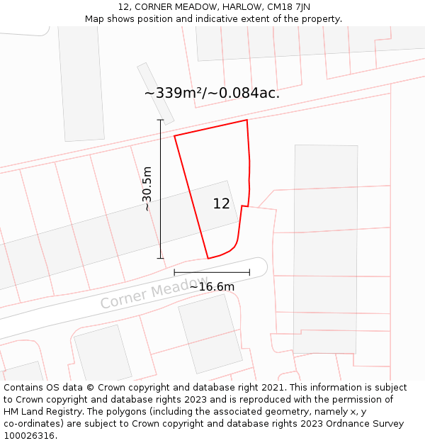 12, CORNER MEADOW, HARLOW, CM18 7JN: Plot and title map