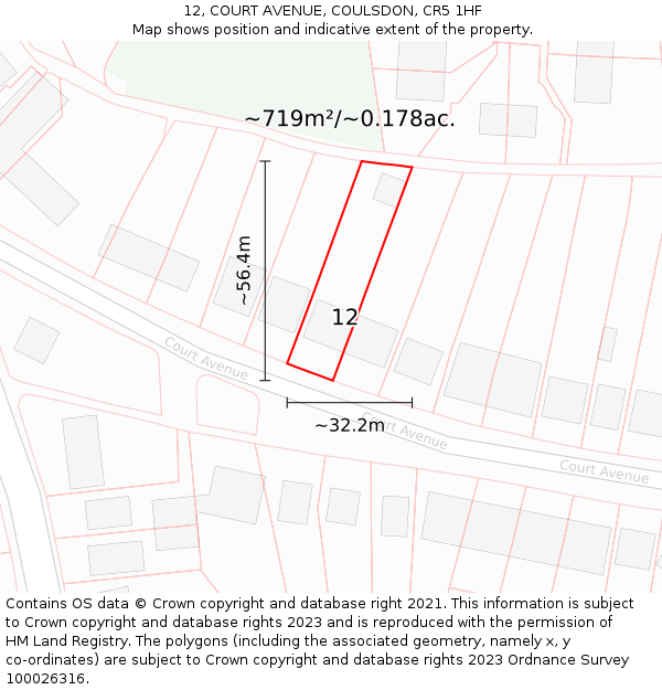 12, COURT AVENUE, COULSDON, CR5 1HF: Plot and title map