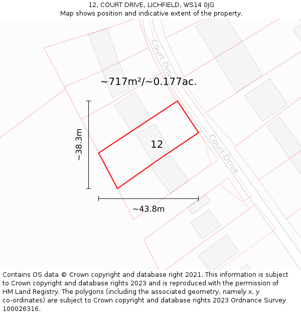 12, COURT DRIVE, LICHFIELD, WS14 0JG: Plot and title map