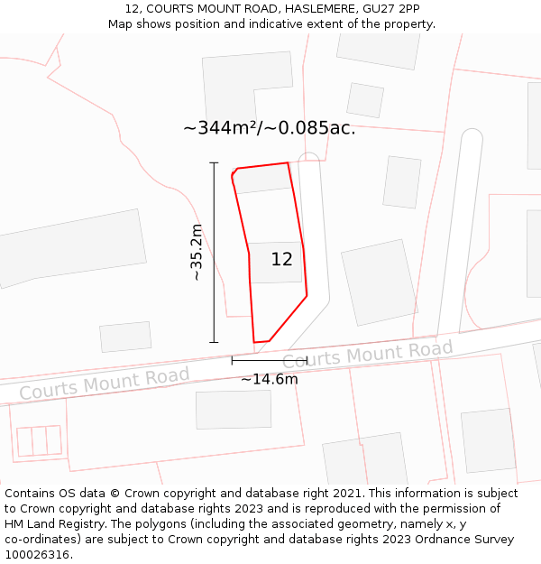 12, COURTS MOUNT ROAD, HASLEMERE, GU27 2PP: Plot and title map