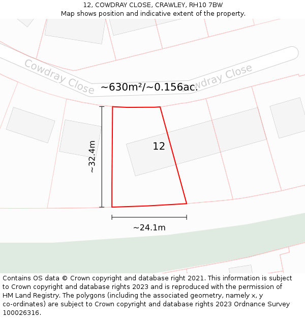 12, COWDRAY CLOSE, CRAWLEY, RH10 7BW: Plot and title map