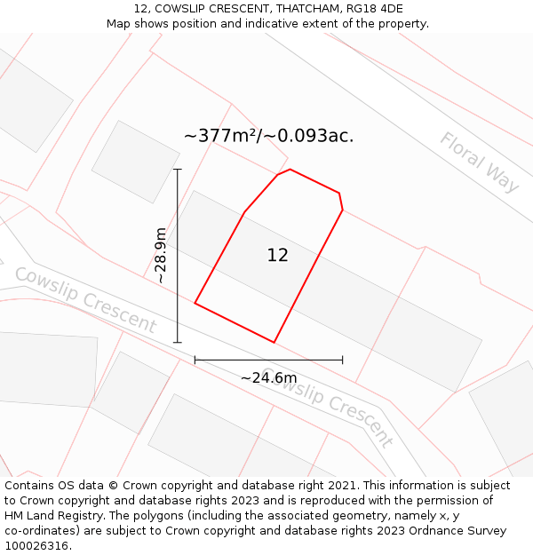 12, COWSLIP CRESCENT, THATCHAM, RG18 4DE: Plot and title map