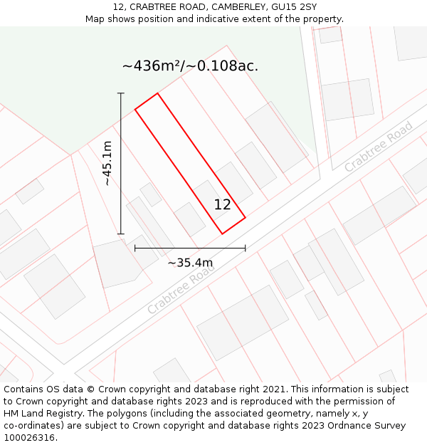 12, CRABTREE ROAD, CAMBERLEY, GU15 2SY: Plot and title map