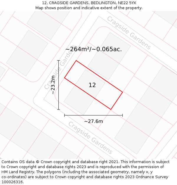 12, CRAGSIDE GARDENS, BEDLINGTON, NE22 5YX: Plot and title map