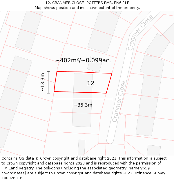 12, CRANMER CLOSE, POTTERS BAR, EN6 1LB: Plot and title map