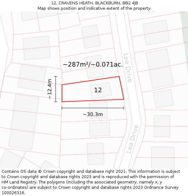 12, CRAVENS HEATH, BLACKBURN, BB2 4JB: Plot and title map