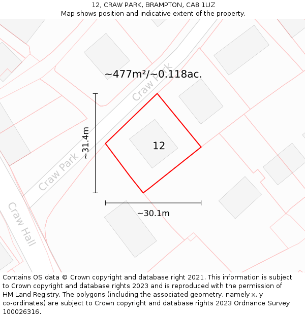 12, CRAW PARK, BRAMPTON, CA8 1UZ: Plot and title map