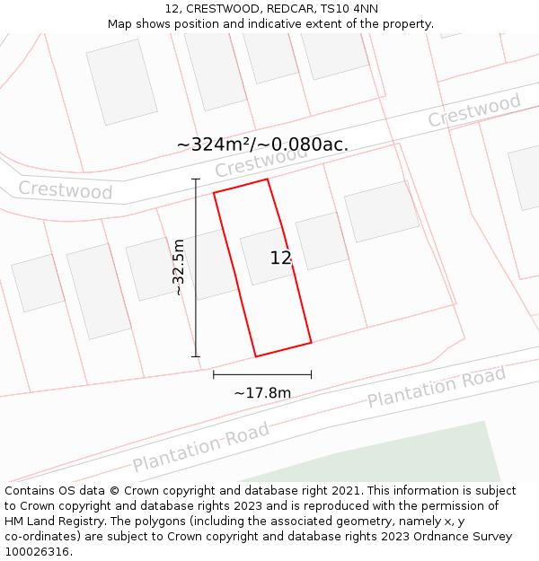 12, CRESTWOOD, REDCAR, TS10 4NN: Plot and title map