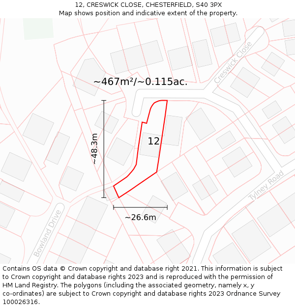 12, CRESWICK CLOSE, CHESTERFIELD, S40 3PX: Plot and title map