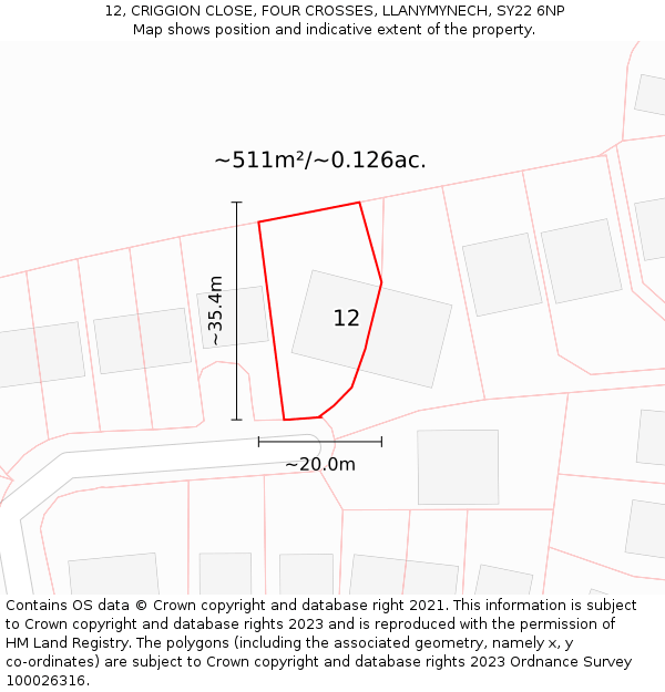 12, CRIGGION CLOSE, FOUR CROSSES, LLANYMYNECH, SY22 6NP: Plot and title map